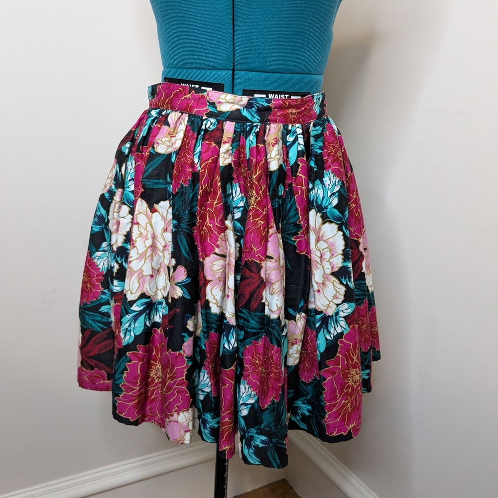 Unique Vintage Pink and Black Floral Skater Skirt